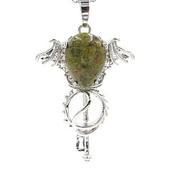 Unakite Natural Unakite Pendants, with Platinum Plated Brass Findings, Wing with Key Charms, 47x32x11mm