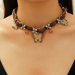 (932FM) Темно-синий аква-матовый с подкладкой Винтажное колье-чокер из сплава с подвеской в виде бабочки и круглого стекла, плетеное из искусственной кожи, для женщин., платина, темно-золотистые, 13.11 дюйм (33.3 см)