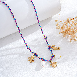 Индиго Летние пляжные плетеные веревочные ожерелья-нагрудники, Подвески из нержавеющей стали в виде черепахи, осьминога, морского конька и искусственного жемчуга., золотые, индиговые, 29.92 дюйм (76 см)