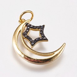 Golden Brass Micro Pave Cubic Zirconia Pendants, Moon with Star, Golden, 18x13.5x1.5mm, Hole: 3.5mm