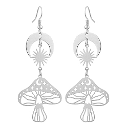 Нержавеющая Сталь Цвет Серьги с подвесками из латуни и нержавеющей стали, луна, гриб и звезда, цвет нержавеющей стали, 75x30 мм