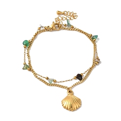 Золотой Летние пляжные самородки, многониточные браслеты из натурального агата (окрашенные и нагретые), Ионное покрытие в форме раковины (IP) 304 браслеты с подвесками из нержавеющей стали для женщин, золотые, 6-1/2 дюйм (16.4 см)