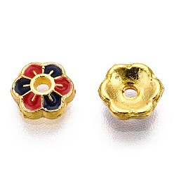 Red 6-Petal Alloy Enamel Bead Caps, Flower, Golden, Red, 6mm, Hole: 1mm