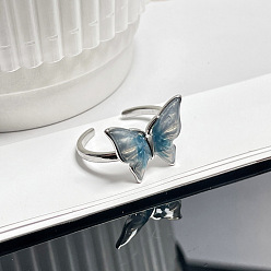 Стально-синий Латунные эмалевые манжеты для женщин, бабочка, стальной синий, внутренний диаметр: 17~19 мм