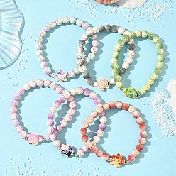 Mixed Color 6Pcs 6 Colors Baking Paint Synthetic Turquoise Round & Tortoise Beads Stretch Bracelets for Men Women, Mixed Color, Inner Diameter: 2-1/4 inch(5.65cm), 1pc/color