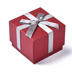 Dark Red Cardboard Jewelry Boxes, for Ring Packaging, Square with Bowknot, Dark Red, 6.6x6.6x5.2cm