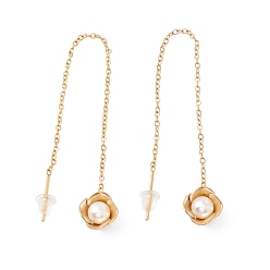 Golden Flower with Plastic Pearl Long Dangle Stud Earrings, 304 Stainless Steel Ear Thread for Women, Golden, 100mm, Pin: 1mm