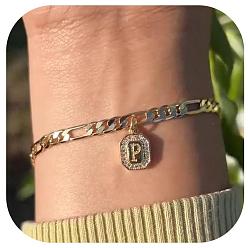 Letter P 304 браслеты с подвесками из нержавеющей стали и кристаллами горного хрусталя, браслеты-цепочки Фигаро для женщин, прямоугольник с буквой, золотые, Письмо P, 6-3/4 дюйм (17 см)