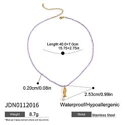 Золотой 304 Женские бусины с подвеской в виде рыбы из нержавеющей стали и стеклянного жемчуга из натурального аметиста, золотые, 15.75 дюйм (40 см)