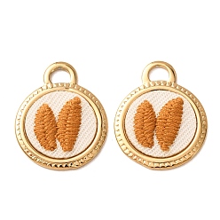 Chapado en Oro Real 18K 304 Colgantes bordados de acero inoxidable y tela, Plano y redondo con dijes de hojas, revestimiento de iones (ip), larga duración plateado, real 18 k chapado en oro, 24x19.5x3 mm, agujero: 3x4 mm