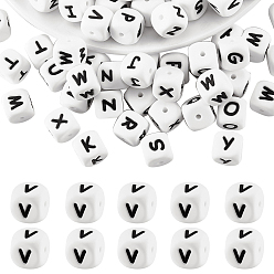 Letter V 20шт. белые кубические силиконовые бусины в форме букв, Бусины в виде букв алфавита для изготовления браслетов и ожерелий., фокусные бусы, Буква V, 12x12x12x12 мм, отверстие : 2 мм