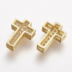 Golden Brass Micro Pave Cubic Zirconia Beads, Cross, Clear, Golden, 10.5x7.5x3mm, Hole: 1mm