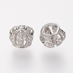Real Platinum Plated Brass Micro Pave Grade AAA Cubic Zirconia Beads, Hollow, Crown, Cadmium Free & Nickel Free & Lead Free, Real Platinum Plated, 7x8x6mm, Hole: 3mm