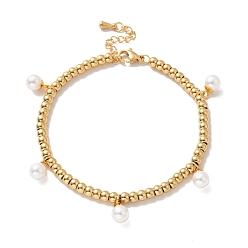 Golden Vacuum Plating 304 Stainless Steel Plastic Pearl Charm Bracelet with 201 Stainless Steel Round Beads for Women, Golden, 8-5/8 inch(22cm)