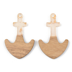 Clear Transparent Resin & Walnut Wood Pendants, with Gold Foil, Anchor, Clear, 38x24.5x3mm, Hole: 2mm