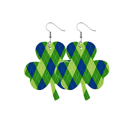 Зеленый Серьги-подвески из искусственной кожи ко Дню Святого Патрика, платина, клевер с узором, зелёные, 70x50 мм