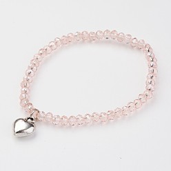 Pink Стеклянные бусины растянуть браслеты, с сплава сердца прелести, розовые, 41 мм (1-5/8 дюйм)