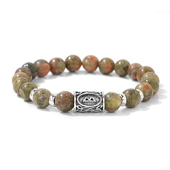 Unakite Alloy Nordic Viking Runes 8MM Natural Unakite Round Beaded Stretch Bracelets, Antique Silver, 7.48 inch(19cm)