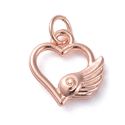 Розовый Позолоченный Латунь прелести, долговечный, матовый стиль, сердца и крыла, Настоящее розовое золото покрыто, 13x12x3 мм, отверстие : 4 мм
