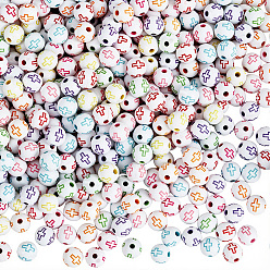 Mixed Color 600Pcs Craft Acrylic Beads, Round with Cross, Mixed Color, 7~8mm, Hole: 1.5mm