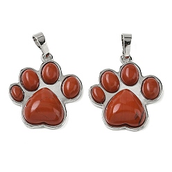 Красный Камень Природные красной яшмы подвески, латунные подвески в виде отпечатков лап, платина, стойки покрытие, 28x24.5~25x5.5~6 мм, отверстие : 8~8.5x4.5~5 мм