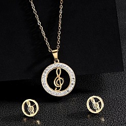 Musical Note Кольцо 201 ожерелья и серьги-гвоздики из нержавеющей стали с кристаллами и стразами, золотые, музыкальная нота, 450 мм