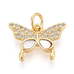 Настоящее золото 18K Латунные микропаве прозрачные подвески с фианитом, без кадмия и без свинца, с оболочкой, бабочка, с целью перехода в кольце, реальный 18 k позолоченный, 10.5x15.5x2.5 мм, отверстие : 3 мм