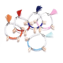 Mixed Color Shell Charm Bracelets, with Glass Seed Beads, 304 Stainless Steel Round Beads and Cotton Thread Tassels Pendant, Mixed Color, 7-5/8 inch(19.5cm), 4~5mm