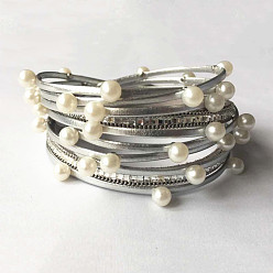 Серебро Многослойные браслеты из искусственной кожи, браслеты с подвесками из акрилового жемчуга для женщин, серебряные, 15-3/8 дюйм (39 см)