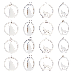 Edelstahl Farbe 20 PC 2 Stil 201 Edelstahlanhänger, heulender wolf anhänger, mit ungelöteten Biegeringen, flache Runde mit Wolf, Edelstahl Farbe, 10 Stück / Stil