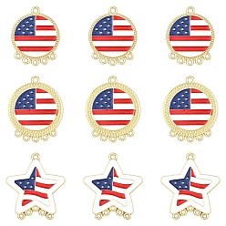 Golden 10Pcs 2 Styles Independence Day Alloy Enamel Chandelier Component Links, Blue White and Red, Star and Flat Round, Golden, 31~31.5x25~26.5x1mm, Hole: 1.6mm, 5pcs/style