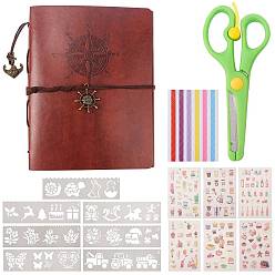 Mixed Color DIY Photo Kits, with Leather Scrapbook Photo Album, Stainless Steel & ABS Plastic Scissors, Plastic Drawing Painting Stencils Templates & Scrapbook and Paper Picture Stickers, Mixed Color, 218x176x29mm