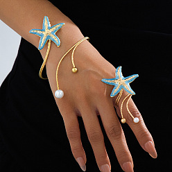 Light Sky Blue Starfish Iron Enamel & Plastic Imitation Pearl Cuff Bangles & Cuff Rings Sets for Women, Golden, Light Sky Blue, Inner Diameter: 60mm