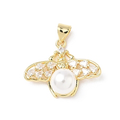 Настоящее золото 18K Латуни циркония кубической подвески, с имитацией жемчуга из АБС-пластика, насекомые талисманы, без свинца и без кадмия, долговечный, стойки покрытие, реальный 18 k позолоченный, 19x24x9 мм, отверстие : 4.5x3.5 мм