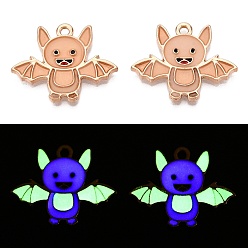 Золотой Подвески из эмали и светящегося сплава на тему хэллоуина, светится в темноте, очарование летучей мыши, золотые, 18.5x23x1.5 мм, отверстие : 1.6 мм