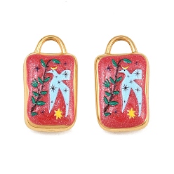 Red 304 Stainless Steel Enamel Pendants, Rectangle with Bird Charms, Ion Plating(IP), Real 18K Gold Plated, Red, 18x10x4.5mm, Hole: 3x2mm