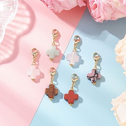 Смешанные камни 6 шт. подвесные украшения из драгоценных камней, крестик, с 304 из нержавеющей стали Lobster Claw застежками, 33 мм