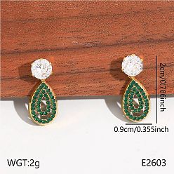 Зеленый 304 Серьги-подвески из нержавеющей стали в форме капли, инкрустированные микрофибровыми фианитами., золотые, зелёные, 20x9 мм
