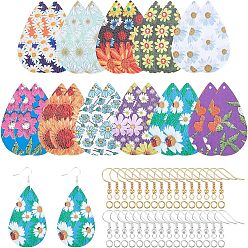 Mixed Color DIY 11Pairs Flower Pattern PU Leather Earring Making Kits, Including 11 Styles Big Pendants, Brass Earring Hooks & Jump Rings, Mixed Color, 54x20x2mm, Hole: 1.2mm