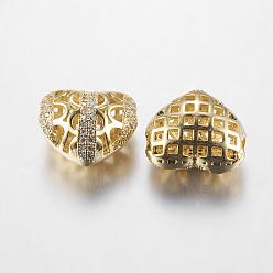 Golden Brass Cubic Zirconia Beads, Hollow, Heart, Golden, 13x15.5x9mm, Hole: 2mm