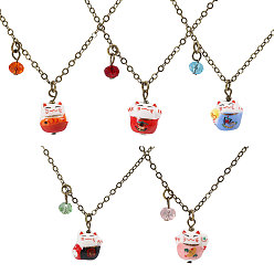 (52) Непрозрачная лаванда 6шт. латунные ожерелья, форма счастливой кошки, фарфоровыми подвески, разноцветные, 24.41 дюйм (62 см)