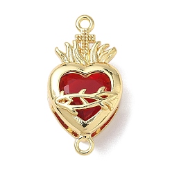 Настоящее золото 18K Подвески-соединители в виде священного сердца из латуни со стеклом темно-красного цвета, без свинца и без кадмия, долговечный, стойки покрытие, реальный 18 k позолоченный, 26x13.5x8.5 мм, отверстие : 1.6 мм