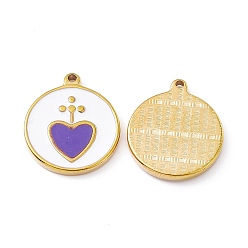 Medium Purple Vacuum Plating 201 Stainless Steel Pendants, with Enamel, Real 18K Gold Plated, Flat Round with Heart Charm, Medium Purple, 23.5x20x2.7mm, Hole: 1.7mm