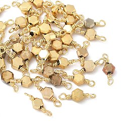 Золотистый Стеклянные граненые шестигранные соединительные подвески, с петлями из латунной проволоки, реальный 18 k позолоченный, стойки покрытие, долговечный, золотые, 11.5x4x2.5 мм, отверстие : 1~1.2 мм