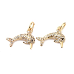 Real 18K Gold Plated Brass Cubic Zirconia Charms, with Jump Ring, Long-Lasting Plated, Lead Free & Cadmium Free, Dolphin, Real 18K Gold Plated, 11x14x2.5mm