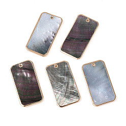 черная губная раковина Подвески из натуральных черных ракушек с золотой латунной окантовкой, прямоугольник амулеты, 40x21.5x2~2.5 мм, отверстие : 1.5 мм