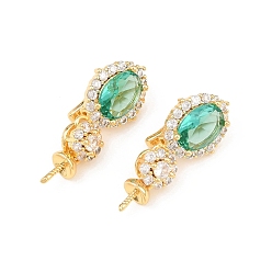 Настоящее золото 18K Латунные овальные застежки с кубическим цирконием, с колышками, за половину пробурено бисера, реальный 18 k позолоченный, 25x11 мм