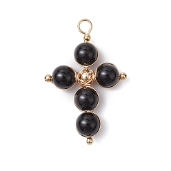 (946F)Морозный цвет внутри  Жонкиль / Непрозрачная зеленая подкладка Подвески из натурального окрашенного и нагретого черного агата, с медной проволокой, крестик, 33x22x6.5 мм, отверстие : 3x2.5 мм