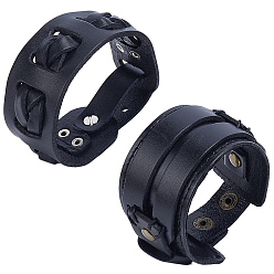 Черный 2шт. 2 стили браслетов из широкого шнура из коровьей кожи, со сплавочной фурнитурой, чёрные, 230x45 мм, 1 шт / стиль