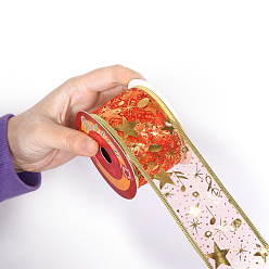 Оранжево-Красный 10 Ленты из органзы с рождественским принтом, аксессуары для одежды, горячее тиснение музыкальной ноты и звезды, оранжево-красный, 2 дюйм (50 мм), около 10.94 ярдов (10 м) / рулон